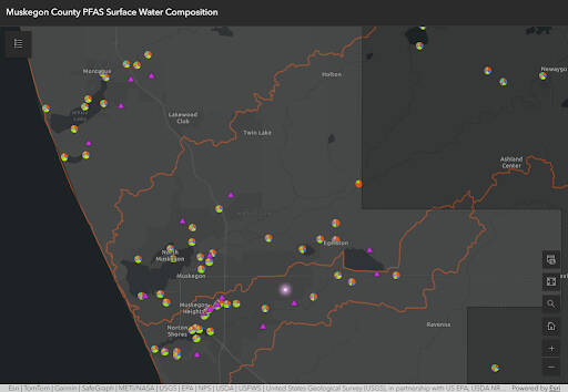 Map of Muskegon County Surface Water PFAS Composition with pie charts for each sample site.